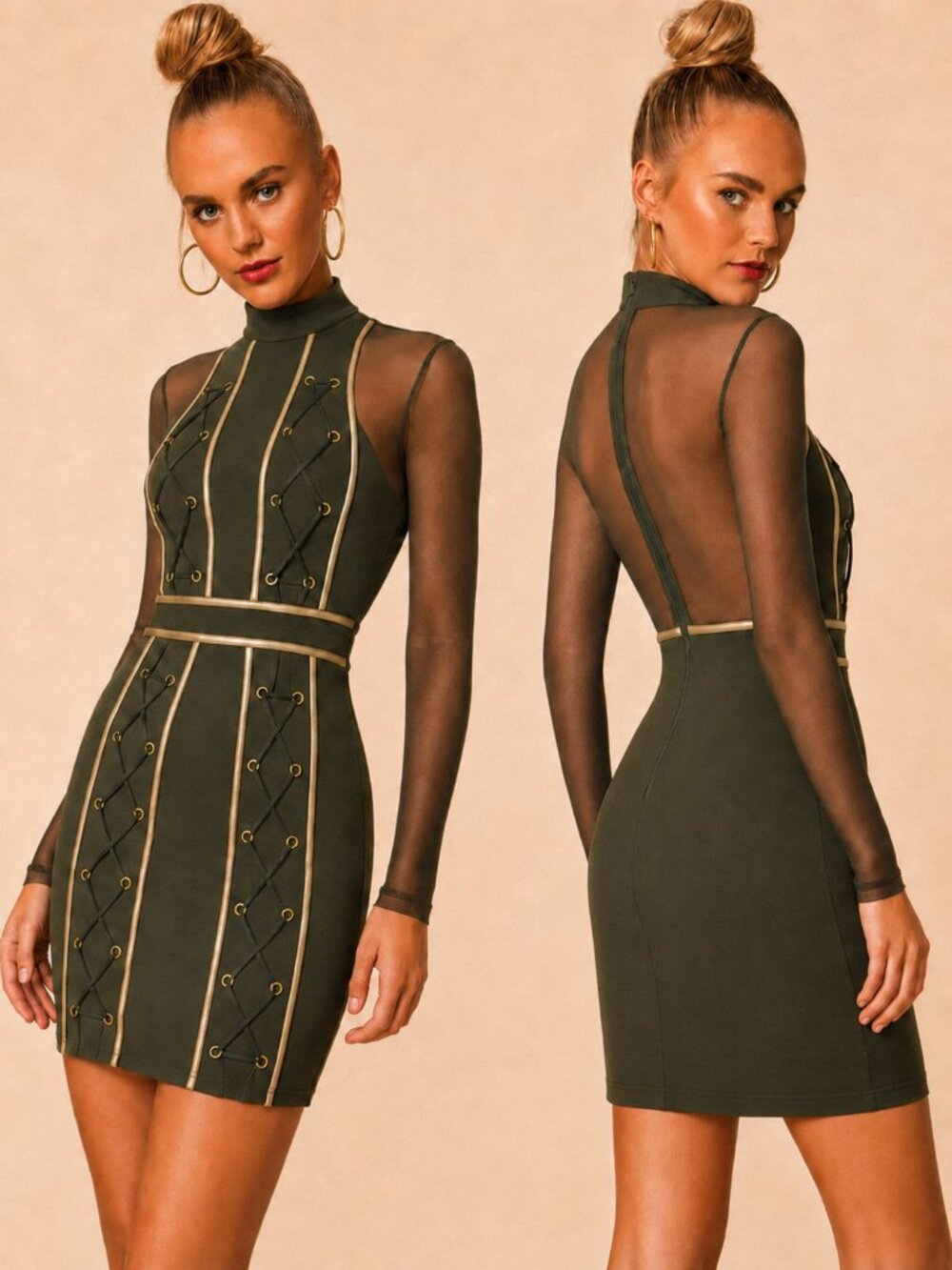 💥💖HOST PICK💖💥ULTRA-SEXY Mesh Lace Up Cocktail Dress in Green & Gold